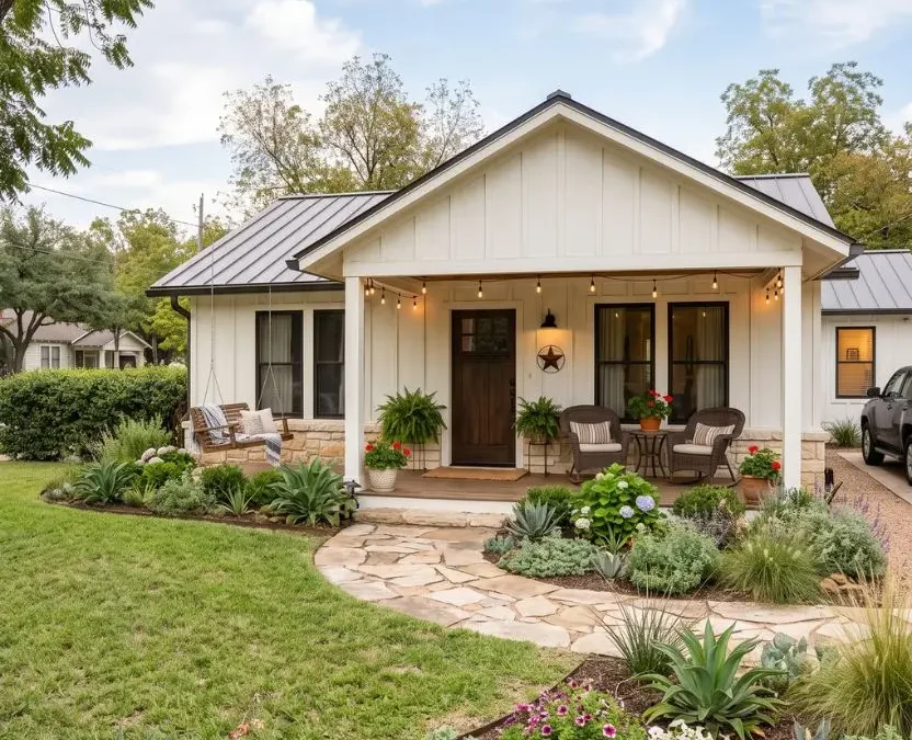 Modern farmhouse style Airbnb cottage with a cozy front porch in Waco Texas.