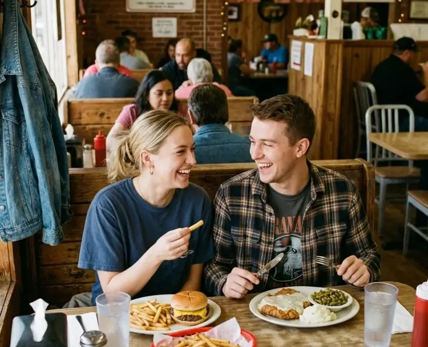 A young couple laughing inside a rustic, budget-friendly diner in Waco, Texas, enjoying a cheap meal of a burger, fries, and chicken fried steak under fifteen dollars.