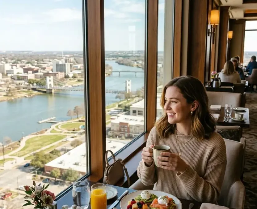 Woman enjoying luxury hotels with free breakfast in Waco Texas while sitting at a window dining table overlooking the Brazos River skyline.