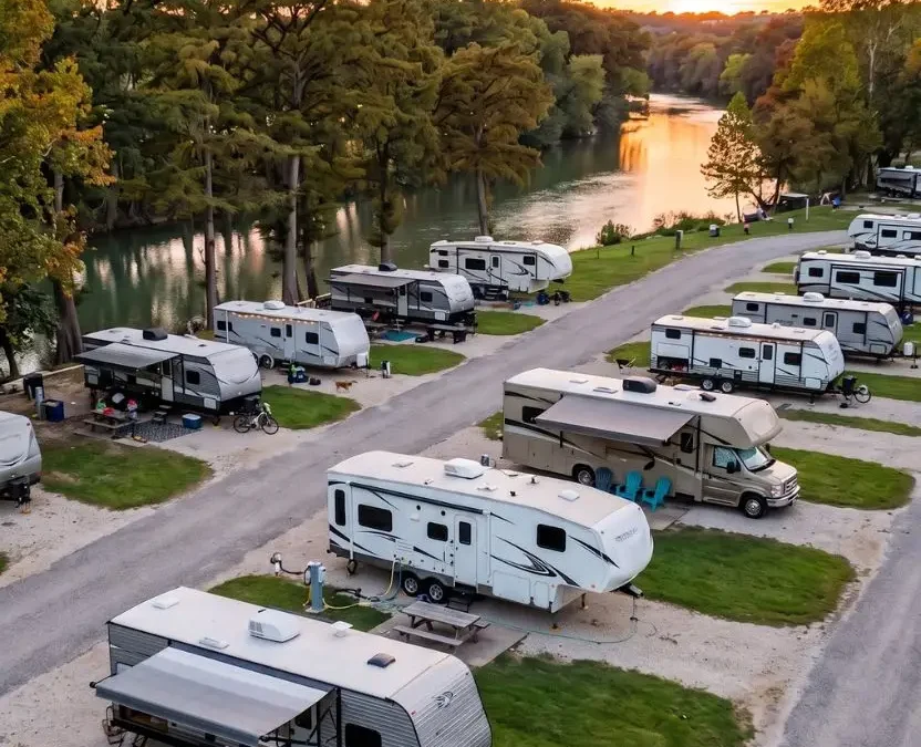 An aerial wide shot of budget-friendly rv parks waco texas under $50 a night situated along a calm river at sunset, showcasing multiple travel trailers and motorhomes parked on gravel pads with full utility hookups.