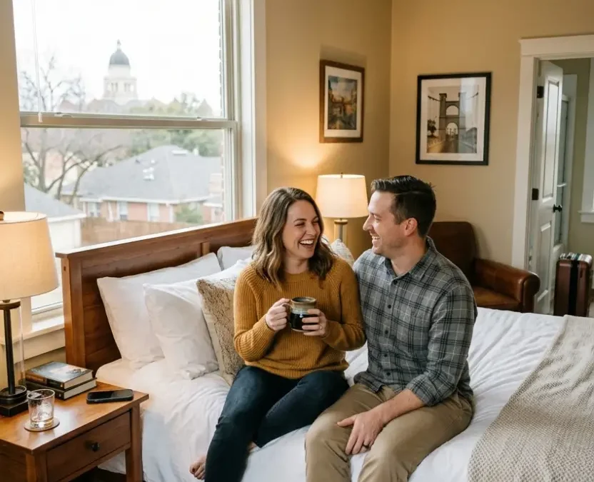 A cozy couple enjoying coffee in a boutique rental room, showcasing where to stay in Waco Texas for a weekend trip.