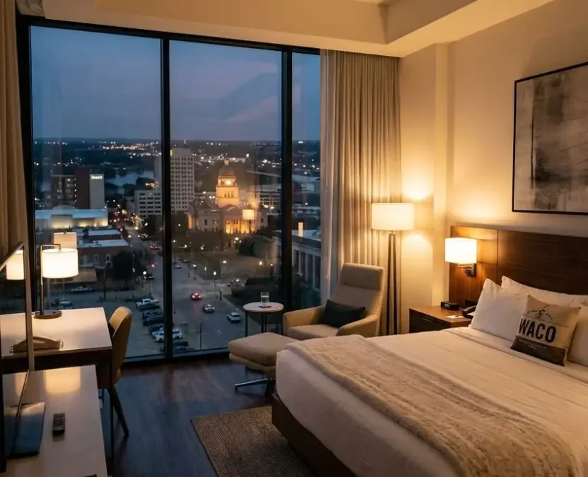 Modern interior of a high-end suite featured in 5 Star Hotels in Waco Texas, showcasing a plush king-size bed, warm ambient lighting, and floor-to-ceiling windows with evening city skyline views.