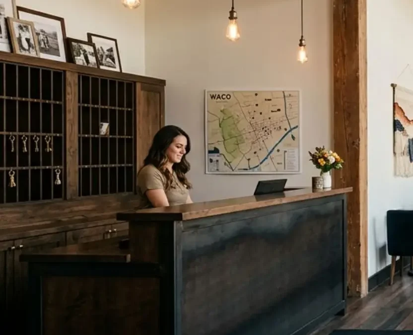 Warmly lit boutique hotel lobby in downtown Waco with exposed brick walls, big arched windows, wooden ceiling beams, a front desk, and plush lounge seating.