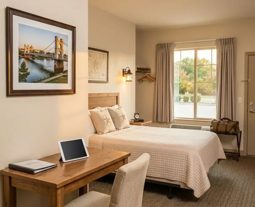 A bright and cozy room featuring a wooden work desk and bed showcasing cheap hotels in Waco Texas for budget travelers.