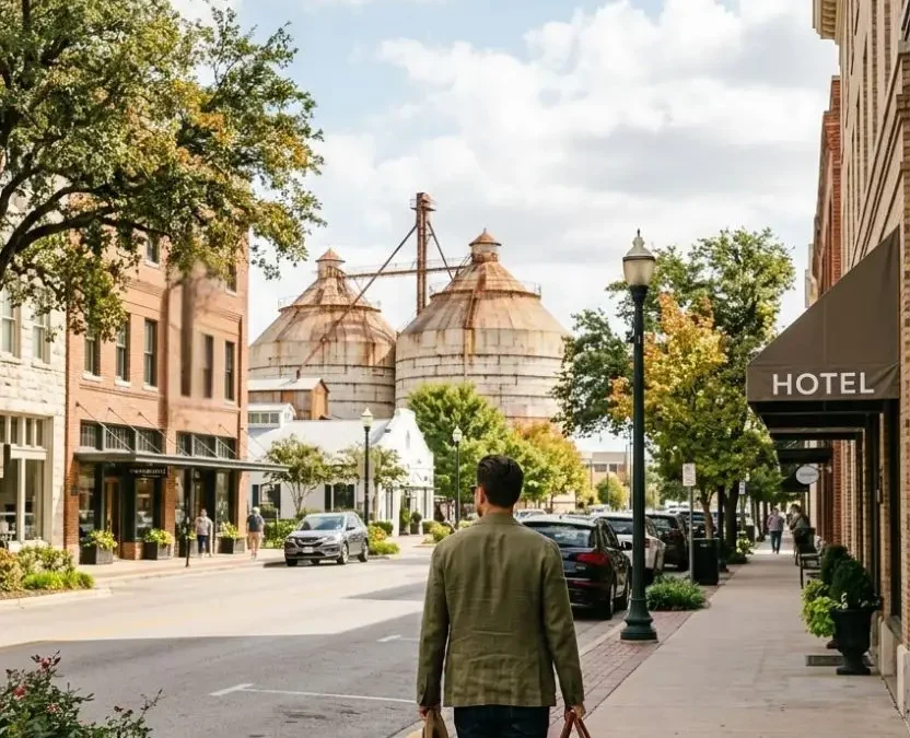 A traveler walks down a tree-lined street toward historic accommodations and the iconic silos in downtown, showcasing top Hotels Near Magnolia Silos Waco Texas.