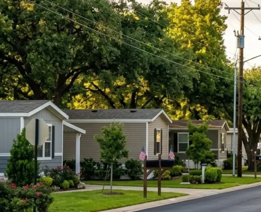 Entrance sign for Oak Haven Estate, one of the clean mobile home parks in Waco Texas, along a paved road lined with mature trees at golden hour.