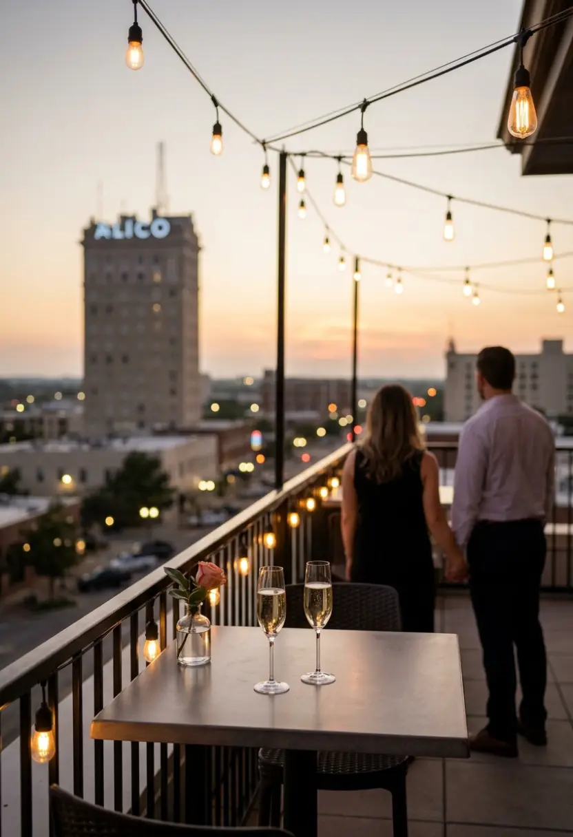 Couple enjoying champagne on a string-lit rooftop patio at Bertie's on the Rooftop overlooking downtown skyline, representing romantic restaurants in Waco Texas.