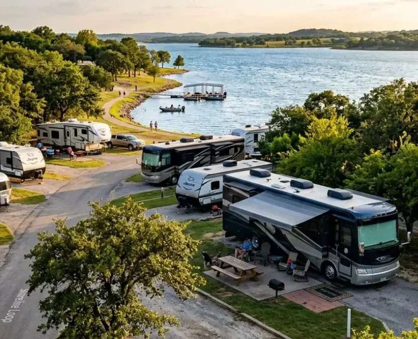 An elevated view of RV parks near Lake Waco Texas featuring motorhomes parked on paved pads along the waterfront with lush green trees and soft evening sunlight.