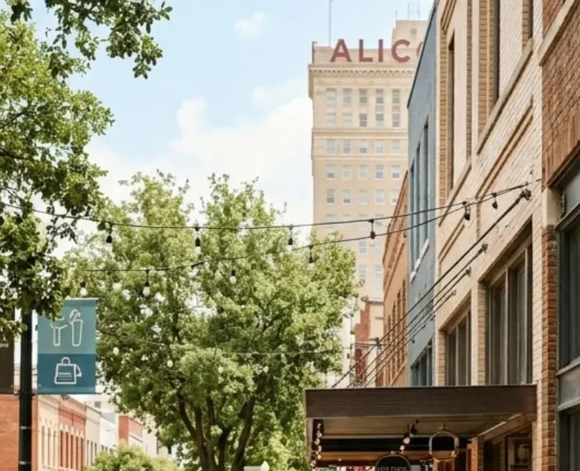 A vibrant, sun-drenched street view of downtown with historic brick buildings and the prominent ALICO sign, ideal for showcasing why Waco Texas is a top contender for the best city to start a business.
