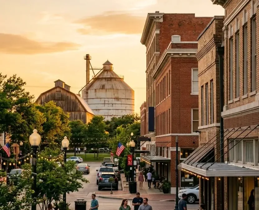 Pedestrians walk past historic brick buildings during golden hour in downtown Waco Texas with the iconic Magnolia Silos in the distance.Discovering Where Should I Stay in Waco Texas for the ultimate Central Texas getaway—from historic boutique hotels to cozy downtown stays just steps from the Magnolia Silos.
