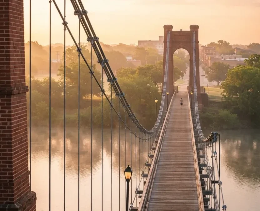 Vertical portrait photograph of the historic Waco Suspension Bridge at golden sunrise, featuring brick towers, steel suspension cables over the calm Brazos River, and a lone jogger in the distance.