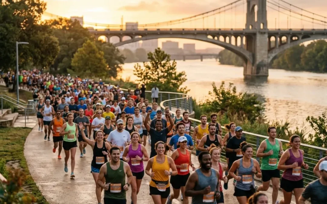 A large crowd of joyful runners jogging along a riverfront path at sunrise in Waco, Texas, with a suspension bridge softly blurred in the background.