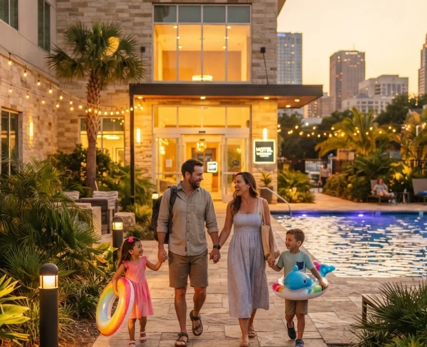 A family walking together holding colorful pool floats toward the brightly lit entrance of a family-friendly budget hotel in Waco, Texas during golden hour.