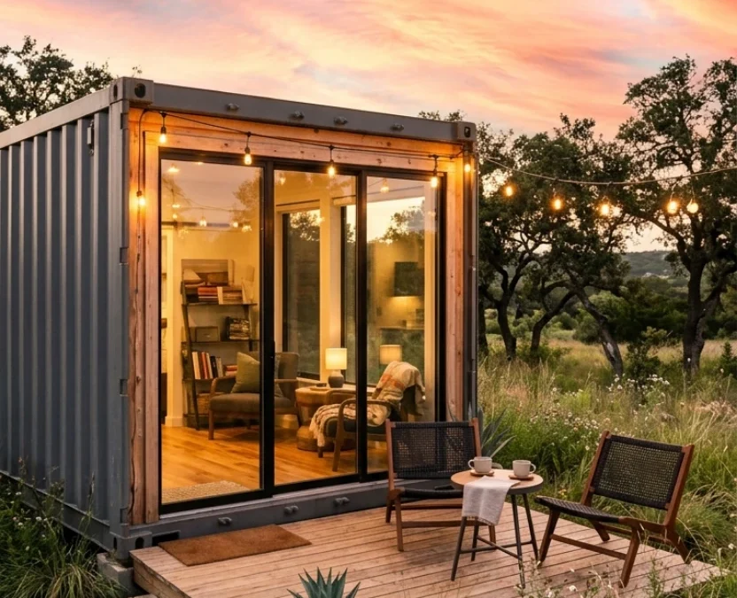 Modern shipping container guest home in Central Texas with a wooden deck and string lights at sunset, perfect for a unique stay near Waco.